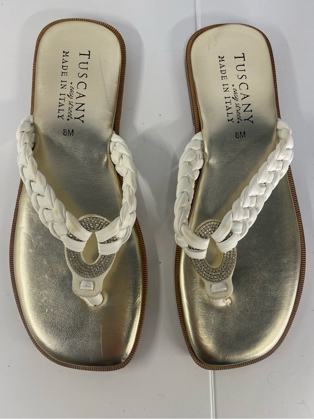 Tuscany 8 by Easy Street White Braided Jeweled Thong Sandals with Gold Footbed